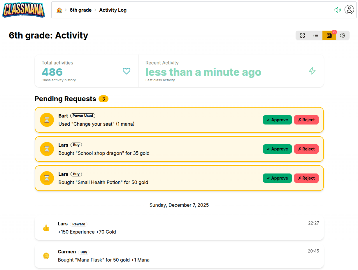 Page d'activité avec demandes en attente